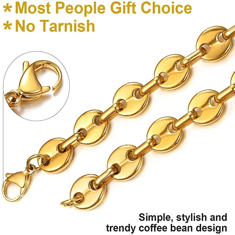 New Coffee Beans Pig Nose Chain Bracelet Men Stainless Steel Jewelry Polished Strong Real Gold Plated Color