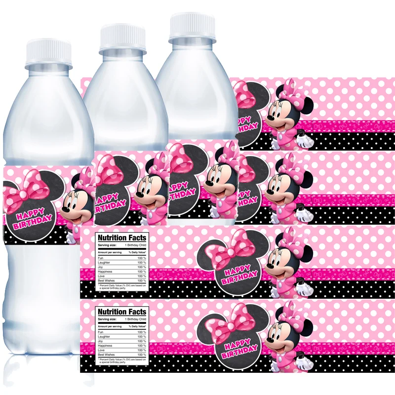 Disney-etiquetas para botella de agua Mineral de Minnie Mouse, suministros de decoración para fiestas de feliz cumpleaños, 10/20 piezas