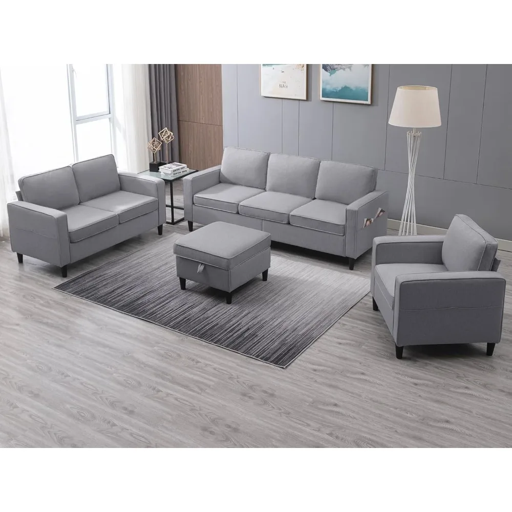 

4 PCS Convertible Sofa Set | Linen Upholstered Sofa Set with Side PocketsLight Grey, Sectional Sofa + Loveseat + Single)