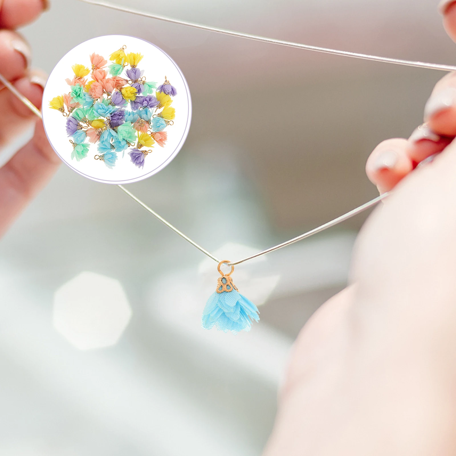

50Pcs Mini Flower Tassel Earrings Fabric Petal Pendants 5 Colors Accessories for Jewelry Making Keychain Crafts Decorations