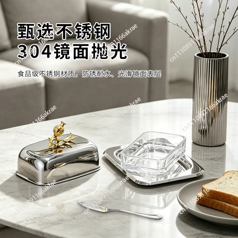 European 304 stainless steel light luxury western food butter plate cheese storage box with lid butter box decorative ornament