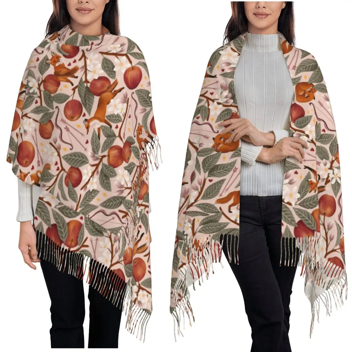 

История натурального танца между дикими лисами Шарф Шарфы с кисточками Женские мягкие шали и накидки Большая осенне-зимняя шаль