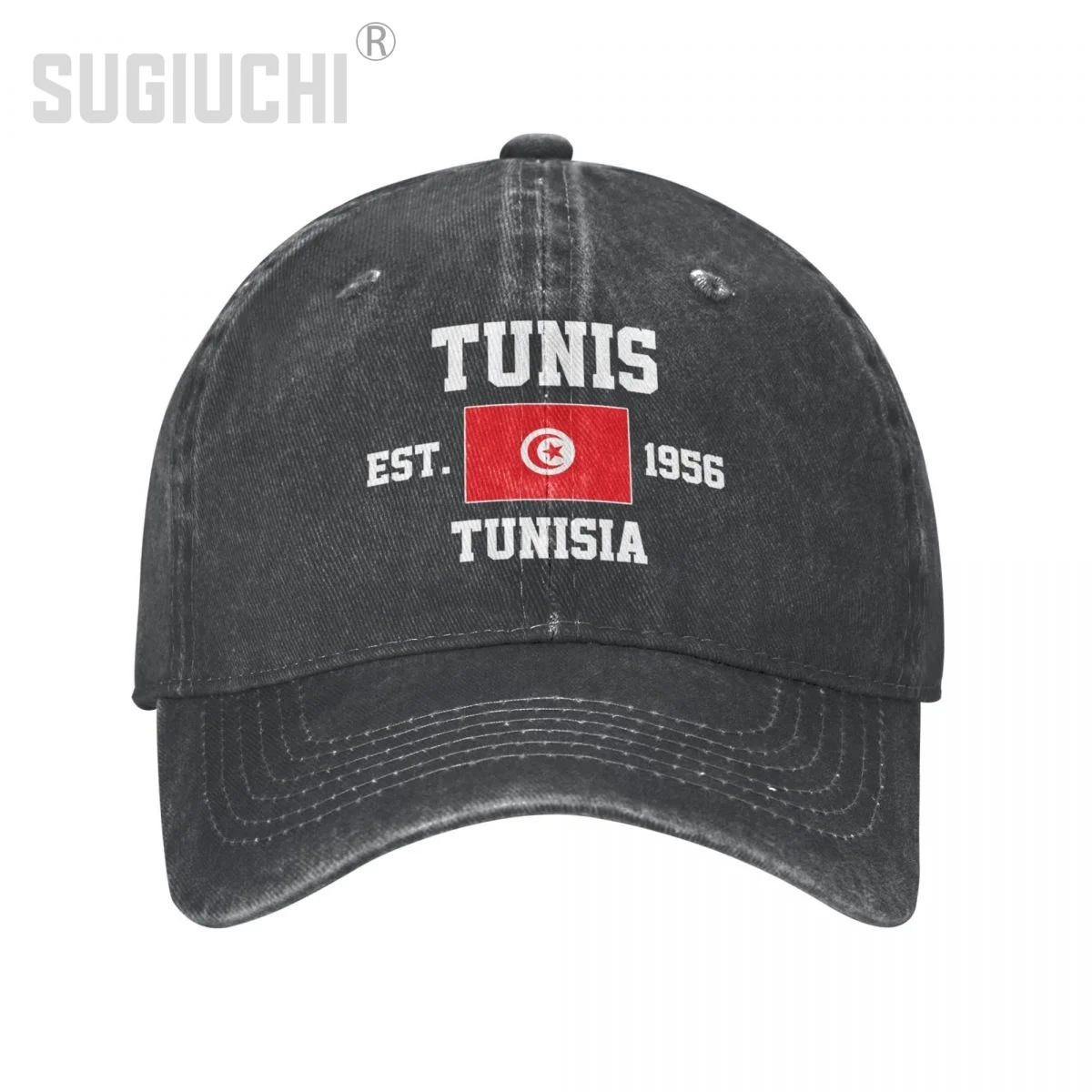 Flag of Tunisia EST.1956 Tunis Unisex Adult Charcoal Washed Denim Baseball Cap Men Vintage Cotton Dad Patriotic Trucker Hat