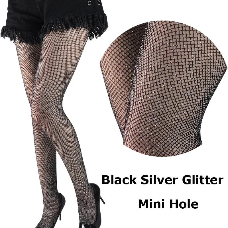 Summer Women Fashion Gold Glitter Silver Glitter Fishnet Carnival Tights Mid-rised Black Nude Color Mini Small Medium Big Hole