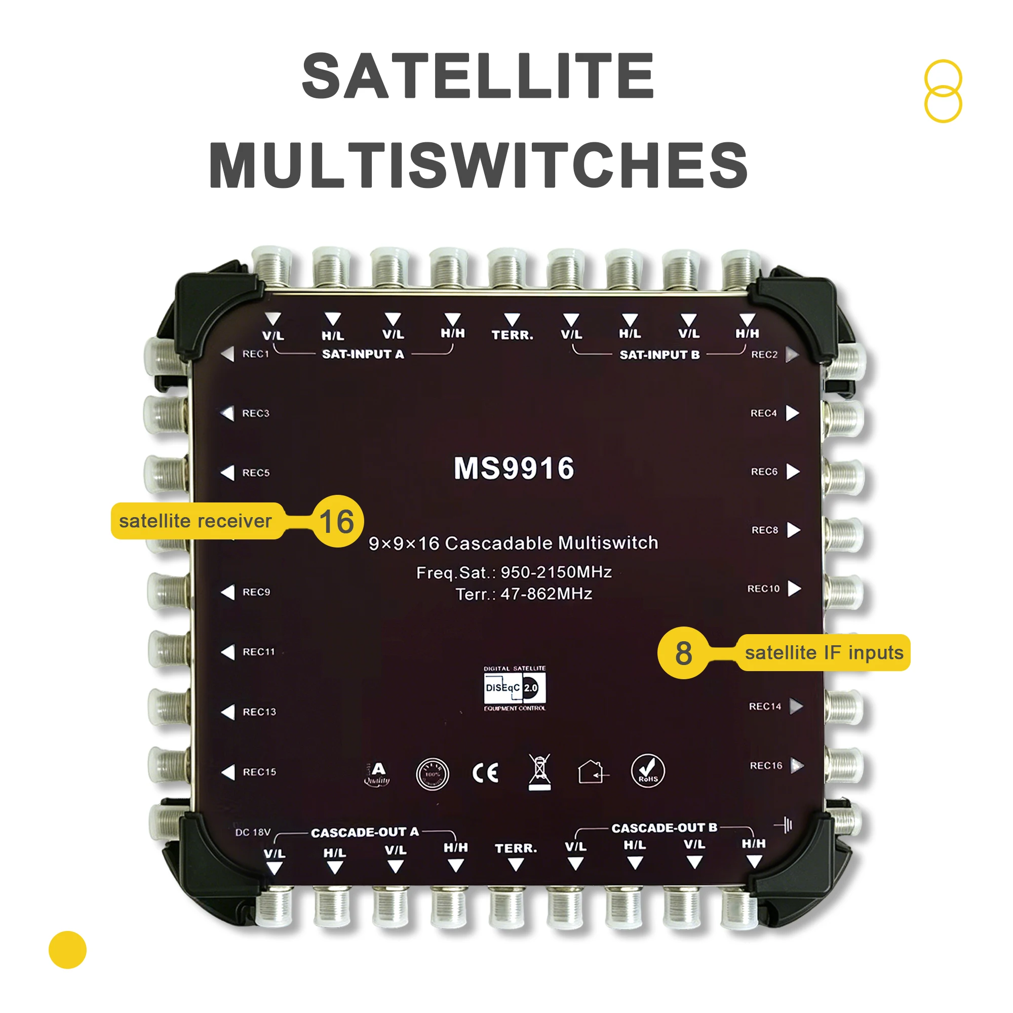 9-in-16-out-Kaskadenschalter, Satellitensignal-Leistungsteiler, 22k DiSEqC Satelliten-Multischalter