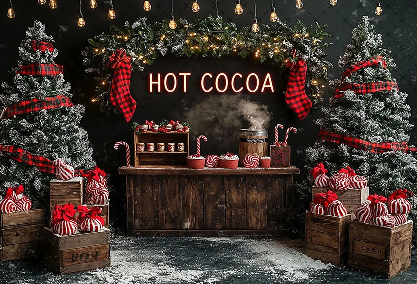 Mehofond Sfondo fotografico Natale Cacao caldo Canna di zucchero Regali Albero di Natale Bambini Ritratto di famiglia Decor Sfondo Studio fotografico