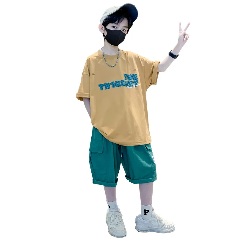 Boys Teen Summer Suit Sports Leisure Printed Letters Short-Sleeved T-Shirt+Loose Five-point Pants Two-piece Set for Outerwear