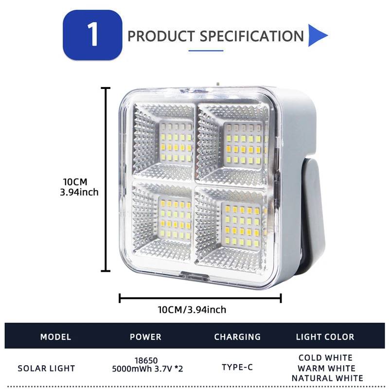 LED Solar Floodlight Type-c USB Rechargeable Emergency Camping Lantern Outdoor Portable LED Searchlight Spotlight Flood Lamp