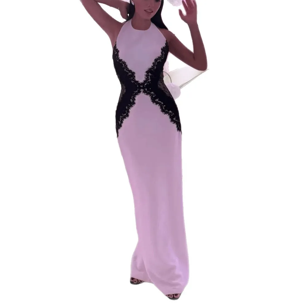 New European and American women's clothing lace contrasting color splicing sexy neck dress fashion temperament dress long dress