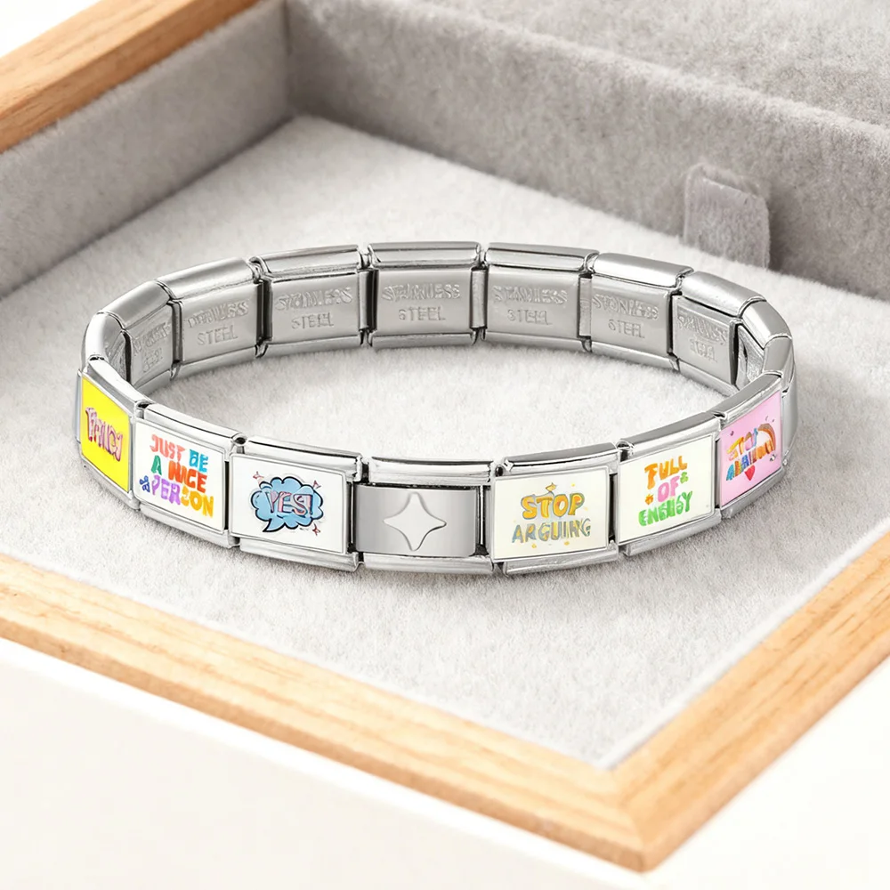 Originelles Design, bunte englische Wörter-Anhänger, Schmuckglieder passend für 9mm Edelstahl-Armbänder im italienischen Stil, zum Selbermachen von Handketten, Geschenke – Detail 2