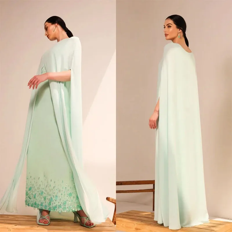 

Women'S Chiffon Round Neck Evening Dress Shawl Sleeve Applique Formal Occasion Party Dress Floor-Length Ball Dress