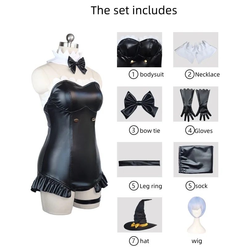 Re:Zero Rem Cosplay Costume Magical Witch Bunny Suit Black Leather Bodysuit Halloween Party Outfit with Hat Gloves Full Set view 3
