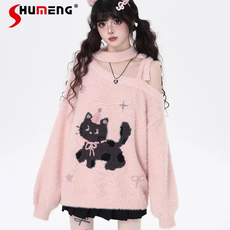 اليابانية Y2k الكرتون لطيف جرلي خارج الكتف لينة فو المنك محبوك سترة الخريف الشتاء جديد طويل الأكمام تريكو المرأة