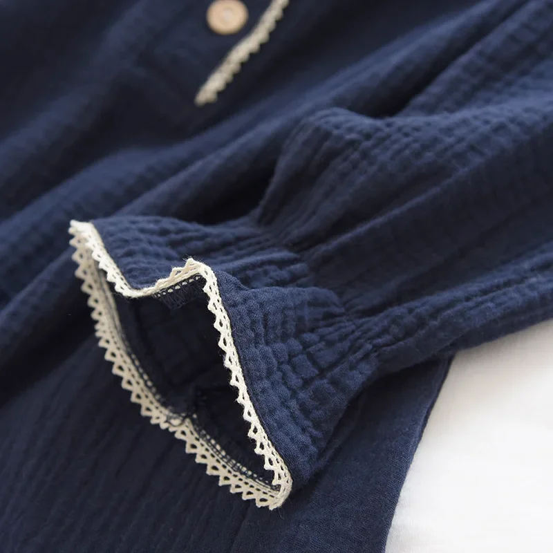 Ladies Pure Cotton Night Dress Women Sleepwear Spring Summer Thin Long-sleeved Double-layer Gauze White Blue Casual Home Wear image 5