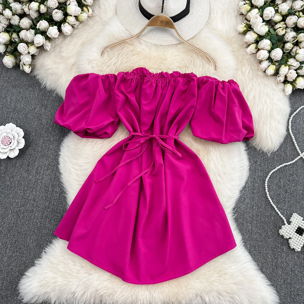 

2023 Korean Holiday Beach Skirt Slim Sexy Off Shoulder Off Shoulder Waist Wrap Slim A-line Dress Summer