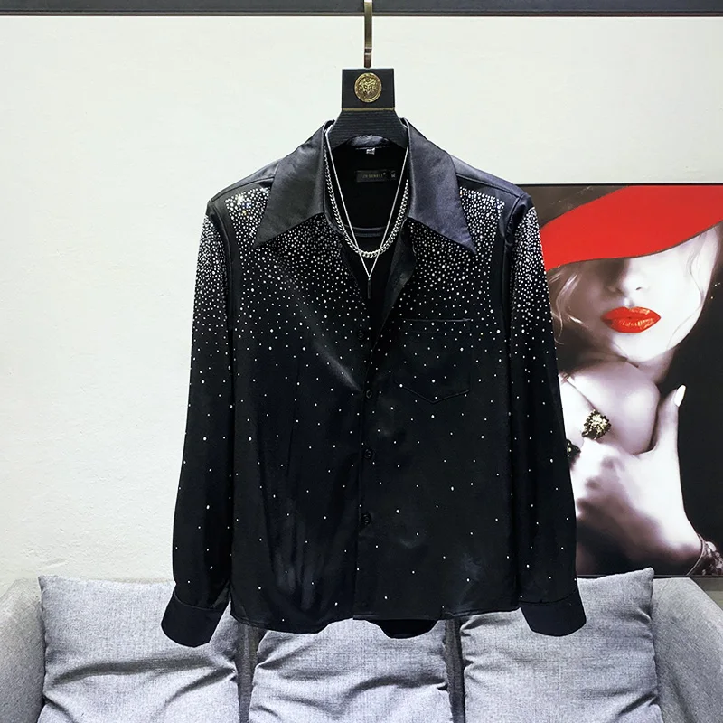 2025 Korean Version Black Shirt Heavy Ironing Rhinestone Starry Sky Design Loose Casual Fashion Trend Long Sleeve Shirt for Men
