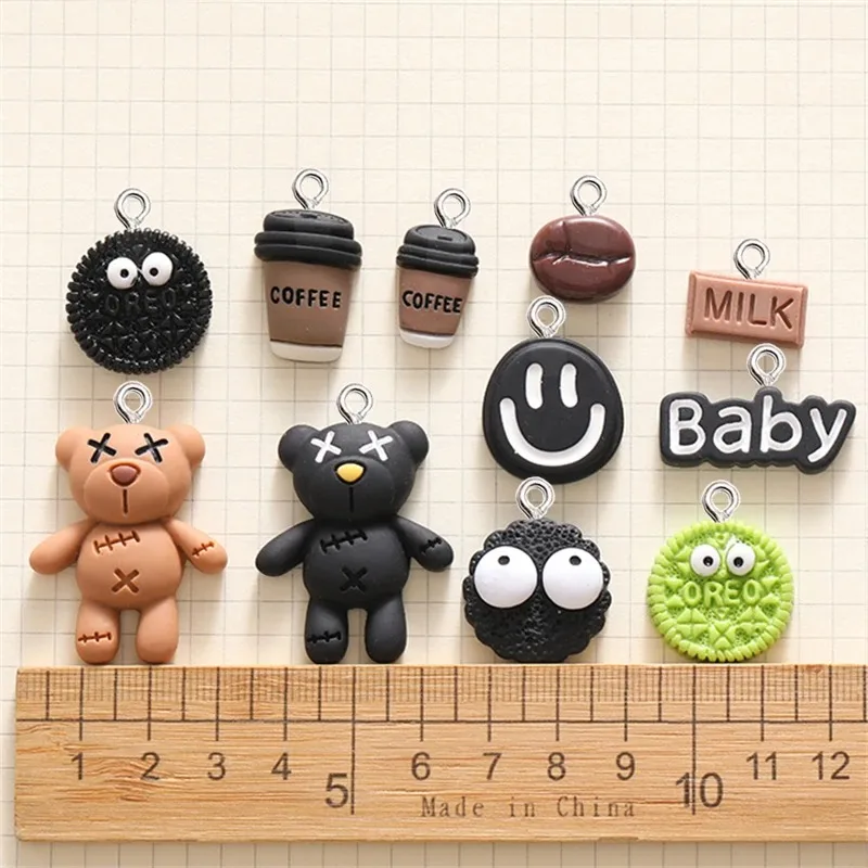 10Pcs Resin Catoon Bear Biscuit Coffee Cup Series Kawaii Keychain Decoration Pendant DIY Phone Charms Jewelry Making Accessories view 3