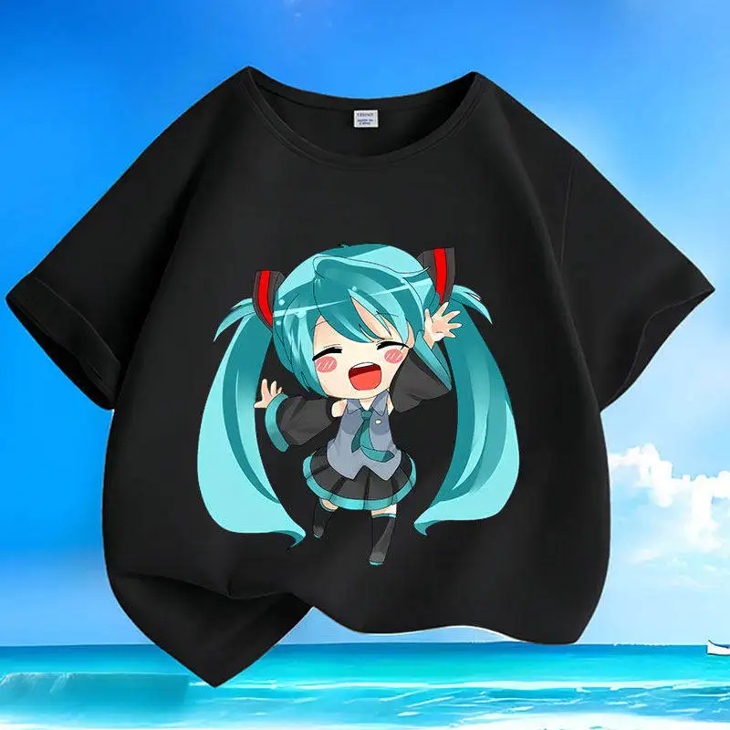 Hatsune Miku New Summer Small and Medium Children's Short Sleeve Cotton Round Neck Loose Cartoon Versatile Top T-shirt