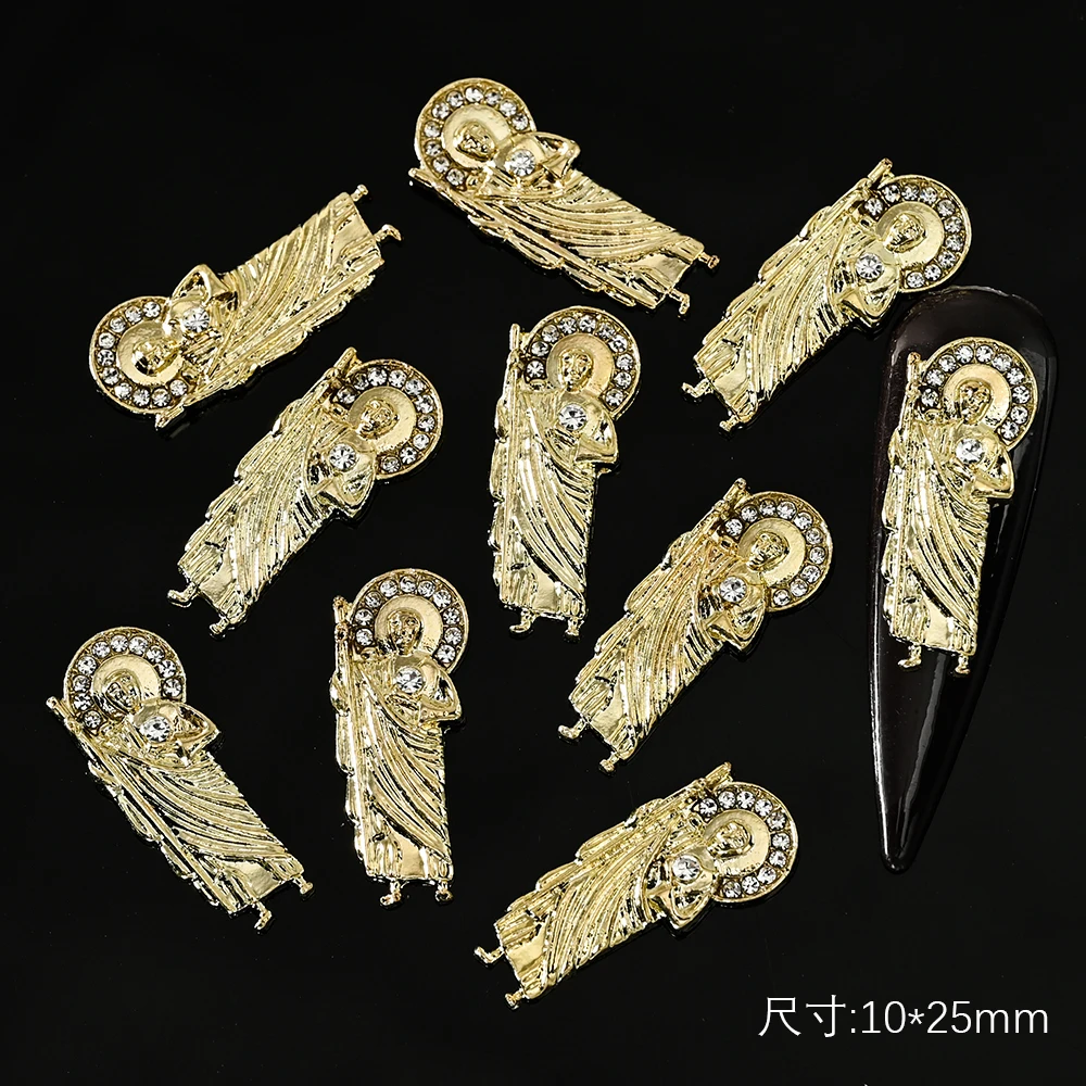 10szt San Judas 3D Nail Charms Green Silver Gold Virgin Mary Nail Art Rhinestones With Bling Diamond Metal Manicure Jewelry