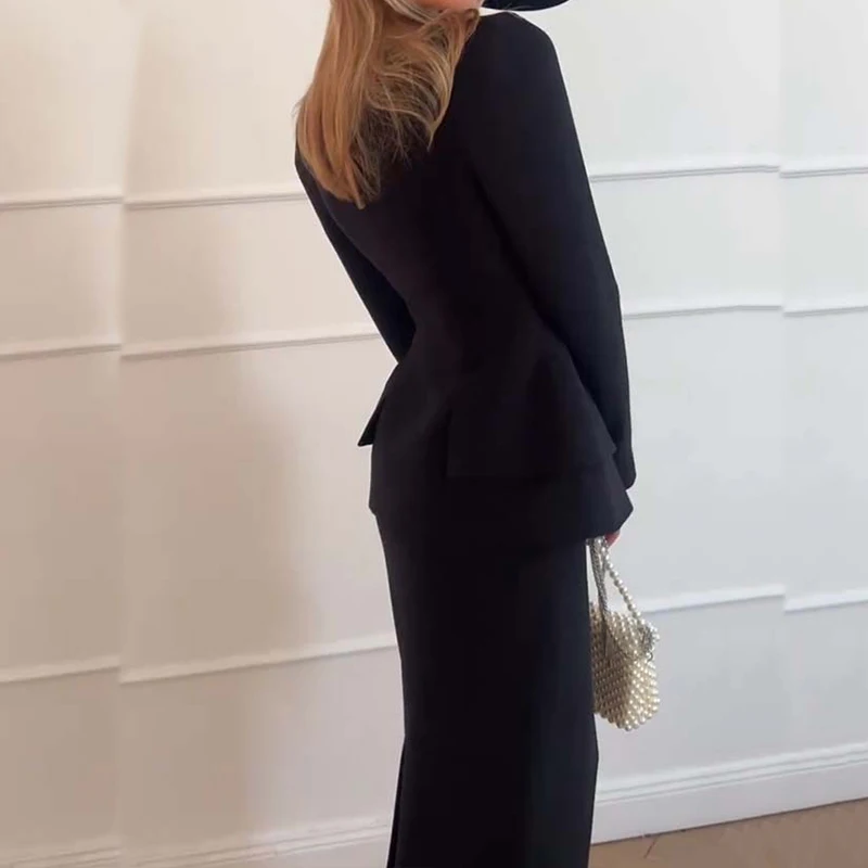 Elegant Temperament Slim Party Suit Simple Solid Commuting Outfit New Women Square Neck Long Sleeved Top + Wrap Hip Skirt Sets