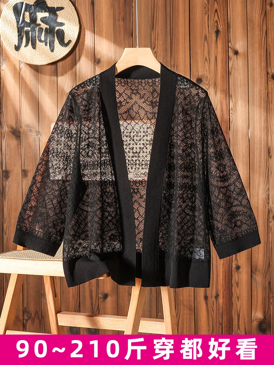 High Quality Oversized Hollowed Out Short Style Three Quarter Sleeved Cardigan Thin Women's Summer Outerwear Knitted Top Shawl