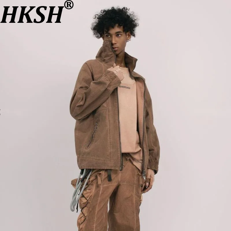 HKSH Spring Autumn New Men Tide Chic Ins Techwear Punk Stand Collar Workwear Jacket Women Washed Dirty Dye Coats Vintage HK26808