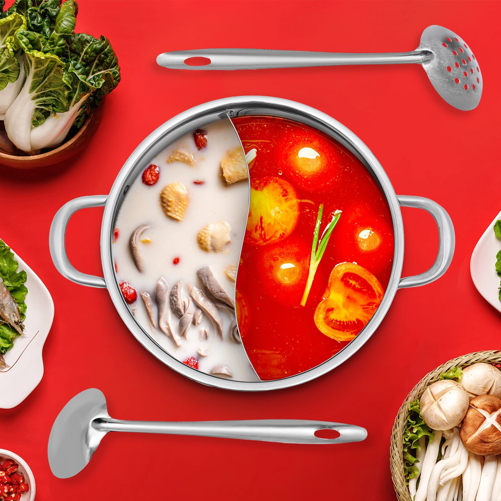 

Горячая кастрюля из нержавеющей стали 28/32 см с разделителем, крышкой, ложкой/протекающей ложкой, большая емкость и равномерный нагрев, кастрюля для семейных встреч