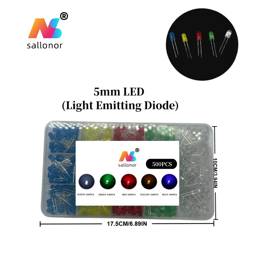 

500 pieces of 5mm red, yellow, blue, green, and white LED diodes, packaged in a box, through-hole with short leads, 100 pieces o