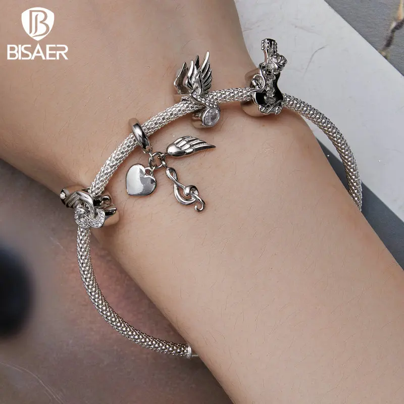 BISAER 925 Sterling Silver Guitar Charm Bead Vintage Musical Note Pendant Plated Platinum Fit Woman Bracelet Necklace Jewelry