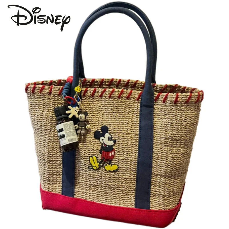 Disney\'s New Women\'s Straw Woven Bag Mickey Handbag High Beauty Travel Work Shoulder Bag Cute Fashion Large Capacity Tote Bag