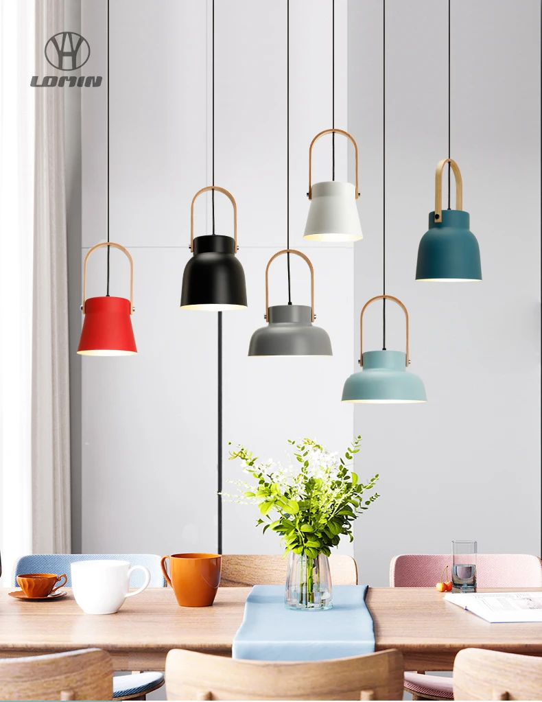 

Modern Macaron Bedside Droplight Iron Ring Wooden Grain Ceiling Hanging lamp Bar Restaurant Show Room Bedroom Pendant Lights