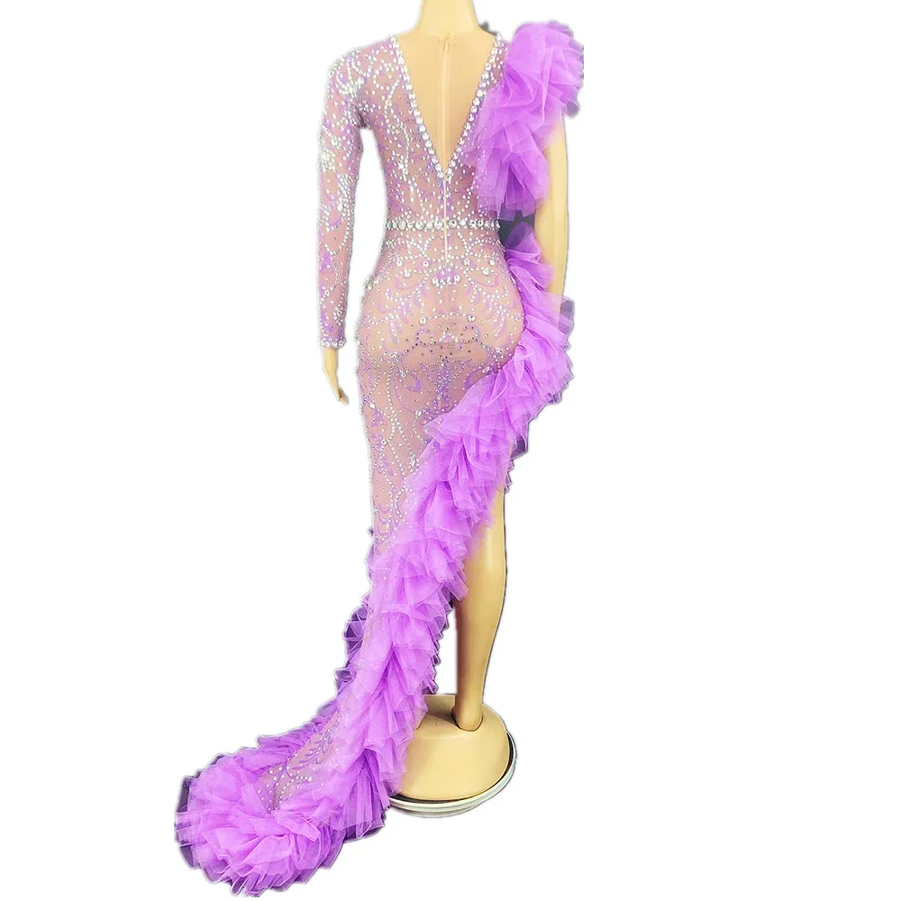 Fashion Sexy Purple Women Shining Dress Rhinestones Sequins Evening Club Stage Costume Festival Rave Wear Drag Queen Outfits