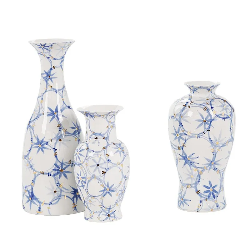 

Gilt blue and white hand-painted retro ceramic vase ornament living room flower arrangement entrance new Chinese flo
