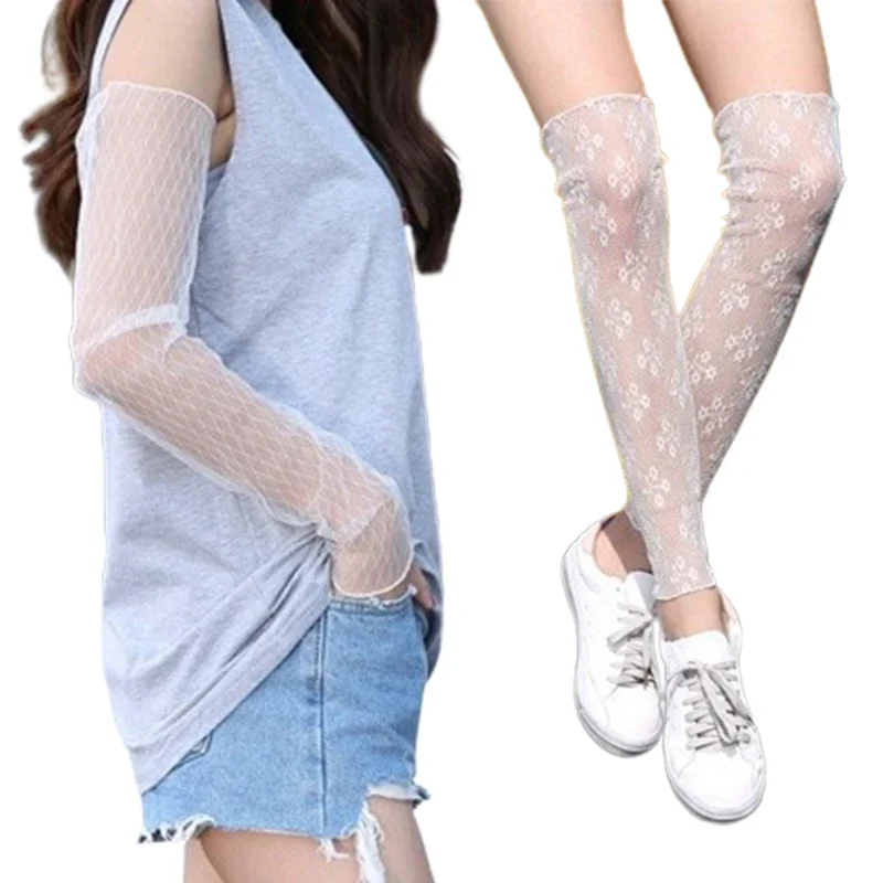 Mangas de brazo de encaje Sexy para mujer, protección solar, Mangas de hielo, guantes de conducción al aire libre, transpirables, elásticos, sin