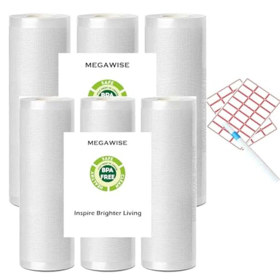 

Vacuum Sealer Bag Rolls with Labels and Marker 3 Rolls 8 inch wide and 16.4 Feet Long + 3Rolls 11 inch wide and 16.4 Feet Long