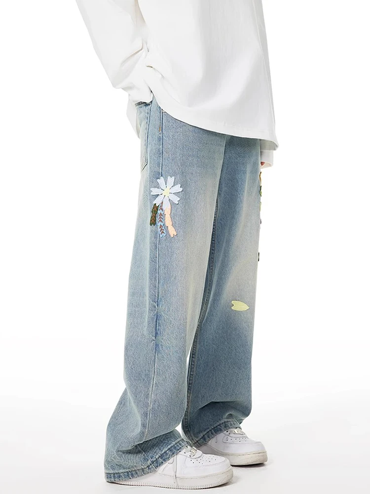 

Vintage Floral Embroidery High Waist High Street Blue Straight Jeans Pants Fashion Women's Wide Leg Baggy Denim Trouser Y2K