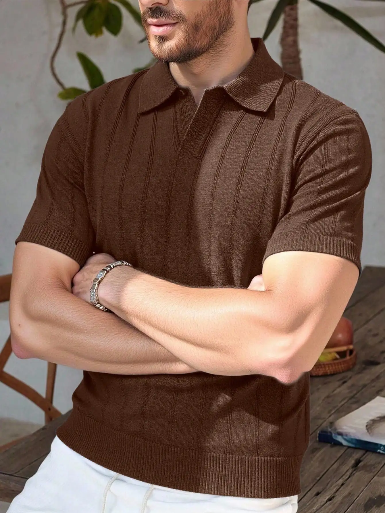 

Men's Ribbed Knit Short Sleeve Polo Shirt in Rust Brown for Casual Wear