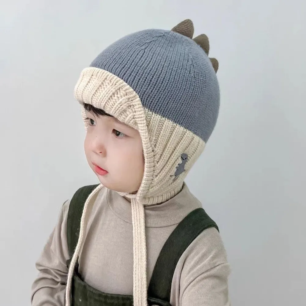 Warme Leuke Dinosaurus Gehoorbescherming Hoed 2-6Year Dikker Kinderen Hoeden Liner Fluwelen Baby Gebreide Trui Cap Winter