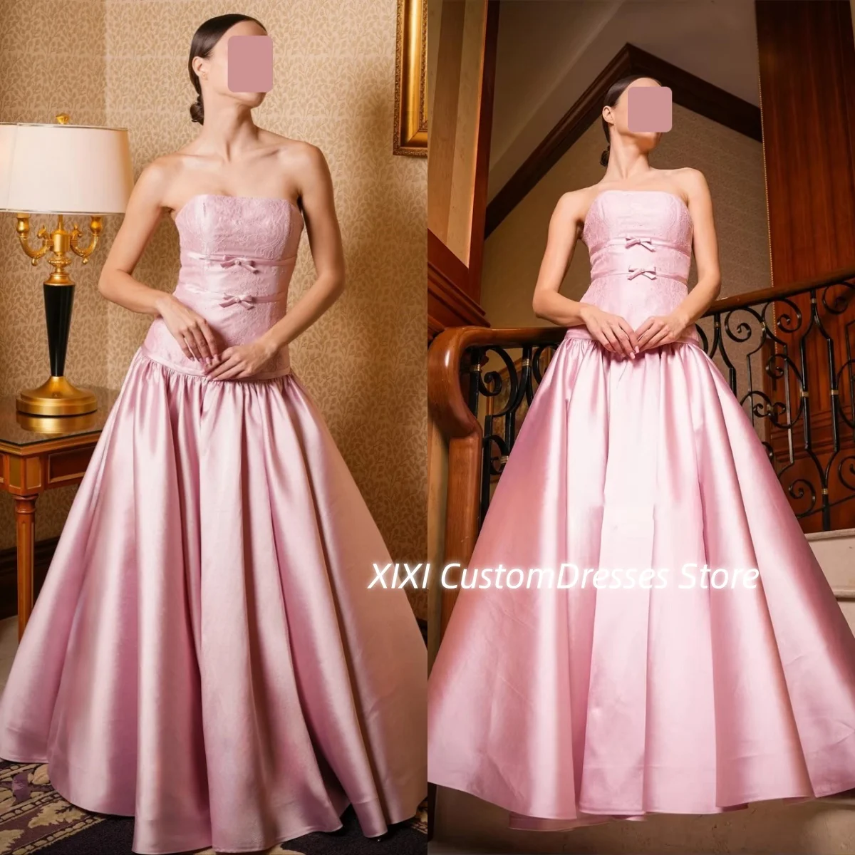 

Coustomize A-Line Strapless Luxury Evening Dresses Floor-Length Prom Dresses Zipper Up Bow Sleeveless Wedding Party Dress
