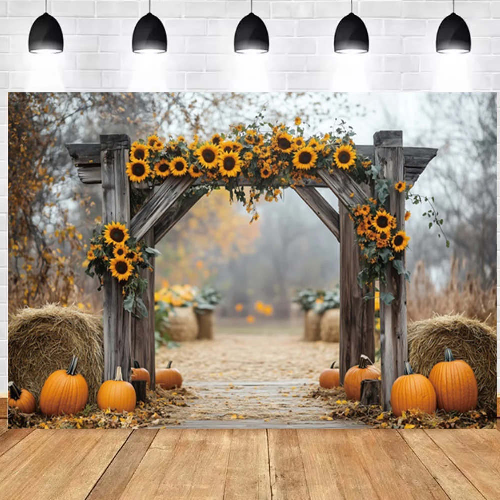 Autumn Photography Backdrop Yellow Pumpkin Sunflower Maple Leaves Haystack Kids Family Thanksgiving Party Decor Photo Background