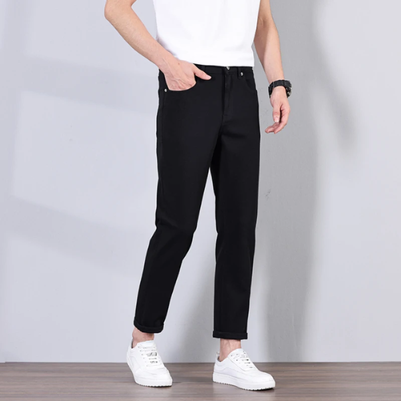 กางเกงยีนส์ระดับไฮเอนด์ใหม่สีดําบริสุทธิ์โดยไม่ซีดจางในฤดูใบไม้ผลิและฤดูร้อนบางเข้ารูปพอดียืดหยุ่นทุกอย่างเท้าตรงขนาดเล็กเก้าจุด