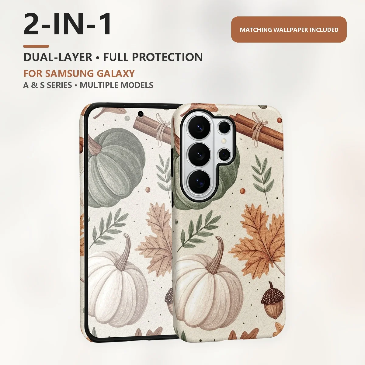 Autumn Pumpkin Leaves Pattern 2-in-1 Dual-Layer Phone Case for Samsung Galaxy S26 S25 S24 Plus Ultra FE S20 FE A56 A17 A16 A15