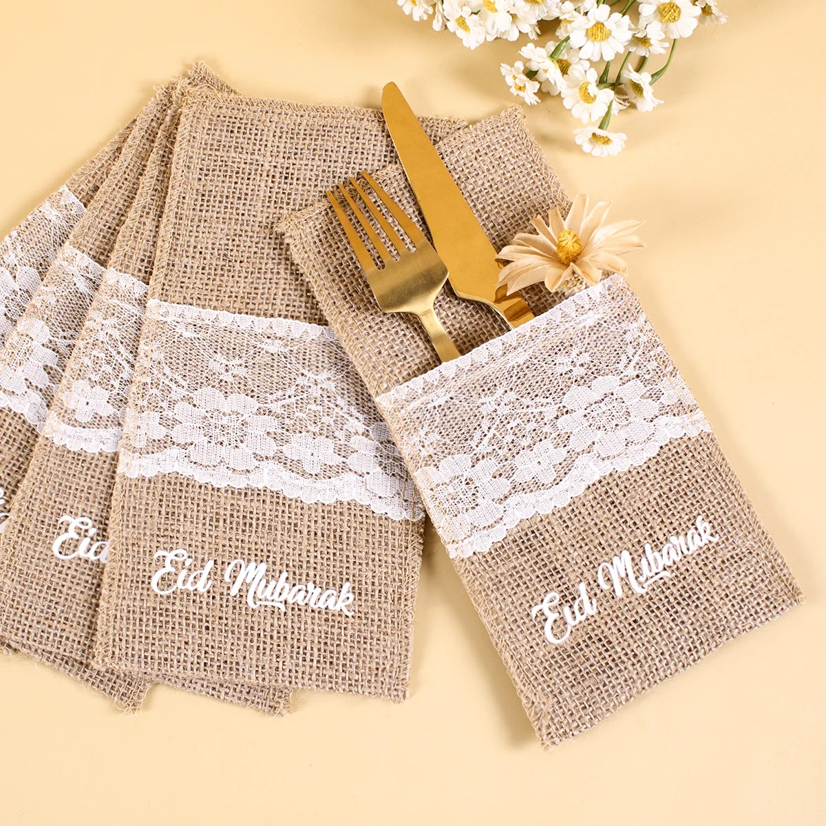 5 قطعة الخيش الدانتيل أدوات المائدة حامل الأكياس حقيبة أدوات المائدة الزفاف لوازم الحفلات هسه ريفي الجوت الجدول اكسسوارات الديكور #1