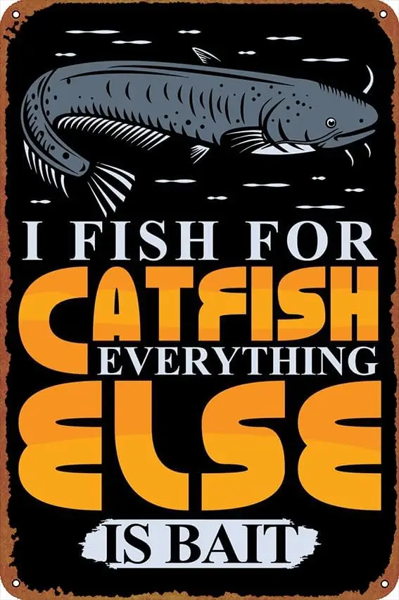 Catfish Angler Fishing Poster Vintage Cute Metal Sign Gift Retro Novelty Cafe Store Garage Tin Signs8x12 Inch