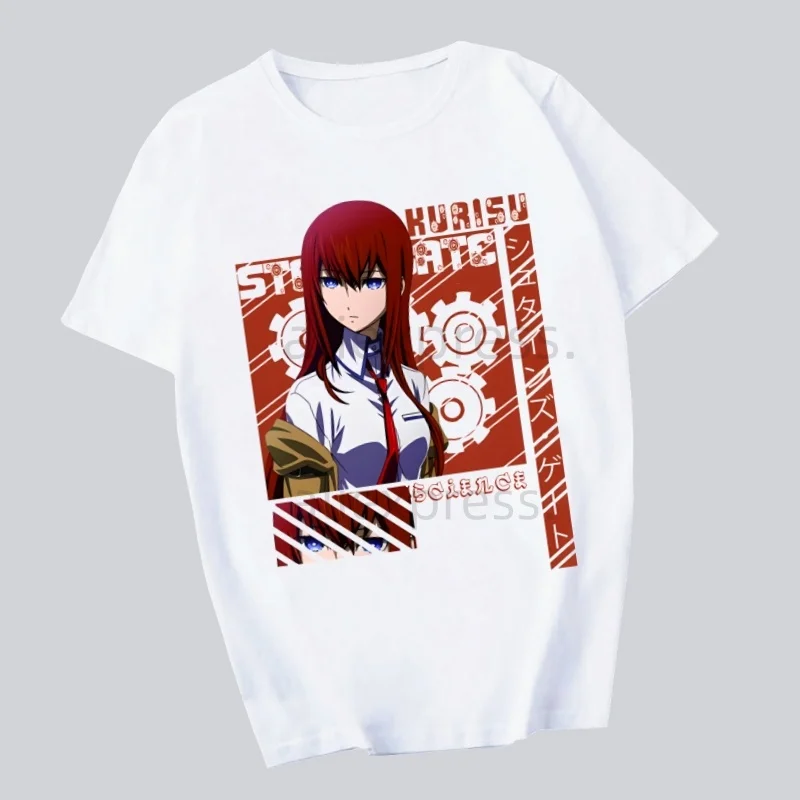 ستينز بوابة أنيمي Okabe Rintarou Makise Kurisu أحدث صيحات الموضة الرجال التي شيرت الصيف موضة تي شيرت عادية الأبيض مضحك الكرتون طباعة