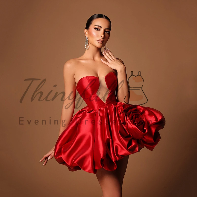 Thinyfull สีแดงสั้นชุดราตรี 2025 Sweetheart ดอกไม้ซาตินชุดมินิปาร์ตี้ผู้หญิงค็อกเทล Ball PROM Gowns ที่กําหนดเอง