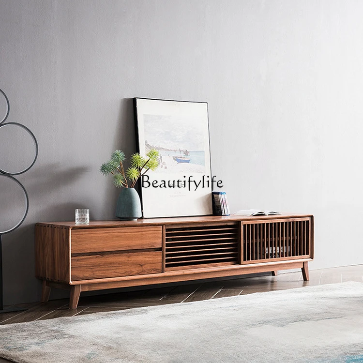 

Nordic living room solid wood TV cabinet small apartment living room black walnut storage cabinet