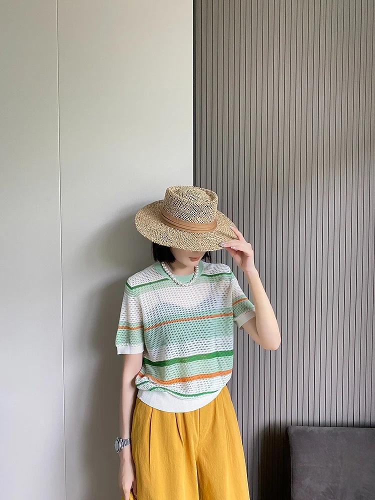 

Casual Loose ort Sve round Ne Knitted Top Women's Summer New Sle Striped Color Blo Hollow out Faion Korean Version
