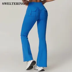 Yoga Pants Pocket Gym Leggings Women Bell-bottoms High Waist Push Up Sport Tights Scrunch Butt Sports Fitness Workout Leggings