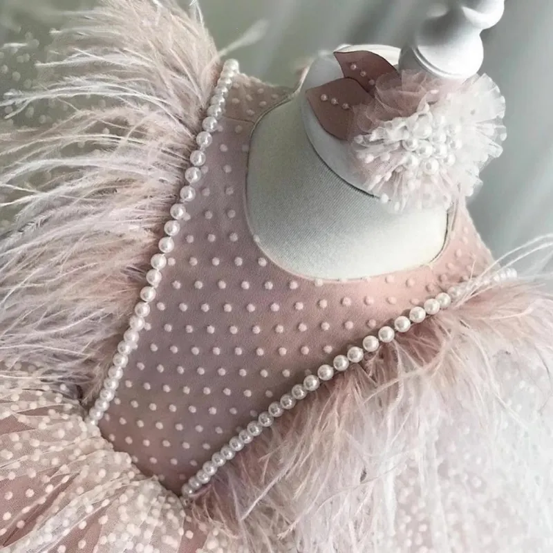 Fashion Baby Girl Princess Lace Feather Bow Dress Infant Child Teens Dot Pearl Vestido Birthday Party Pageant Baby Clothes 1-12Y